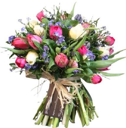 Bouquet of Tulips with Blue Forget Me Not