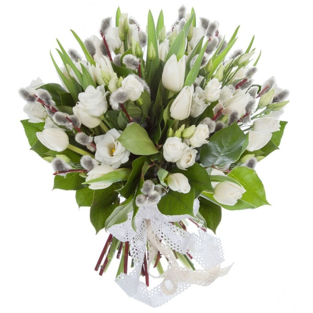 Bouquet of White Tulips with Catkins