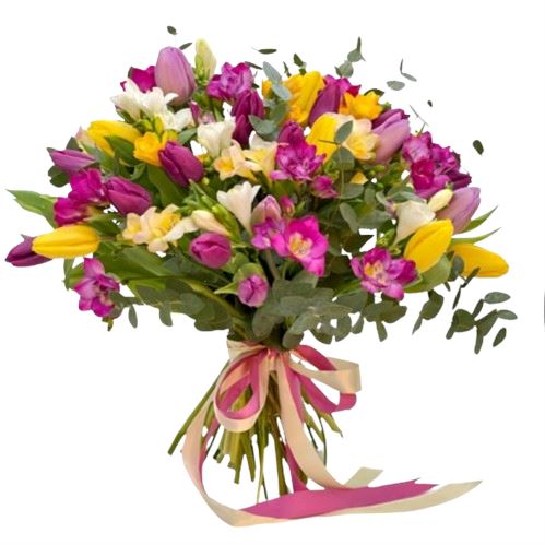 Colored Fragrant Bouquet of Freesias and Tulips