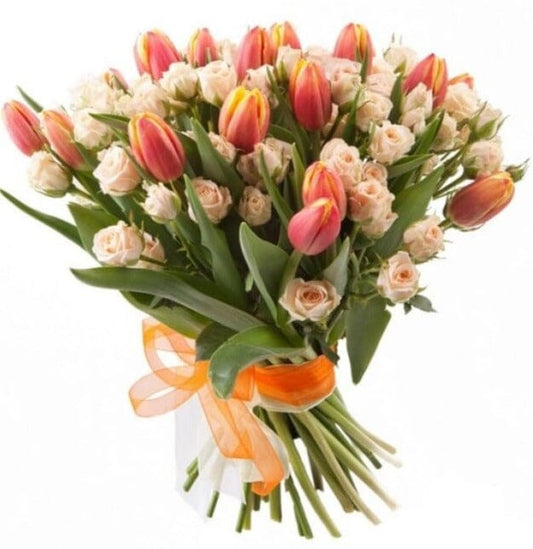 Orange Tulips with Peach Spray Roses Bouquet