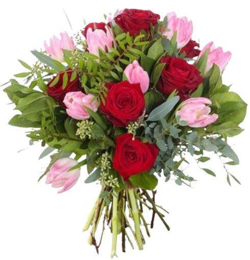 Pink Tulips and Roses Bouquet with Greenery