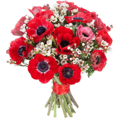 Red Anemone and Vax Flowers Bouquet