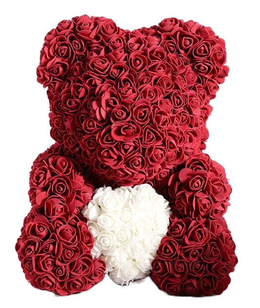 Red Wine Foam Rose Teddy Bear with White Heart