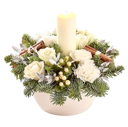 White Festive Centerpiece in Pot with Fresh Flowers