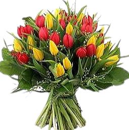 Yellow and Red Tulips with Greenery Bouquet
