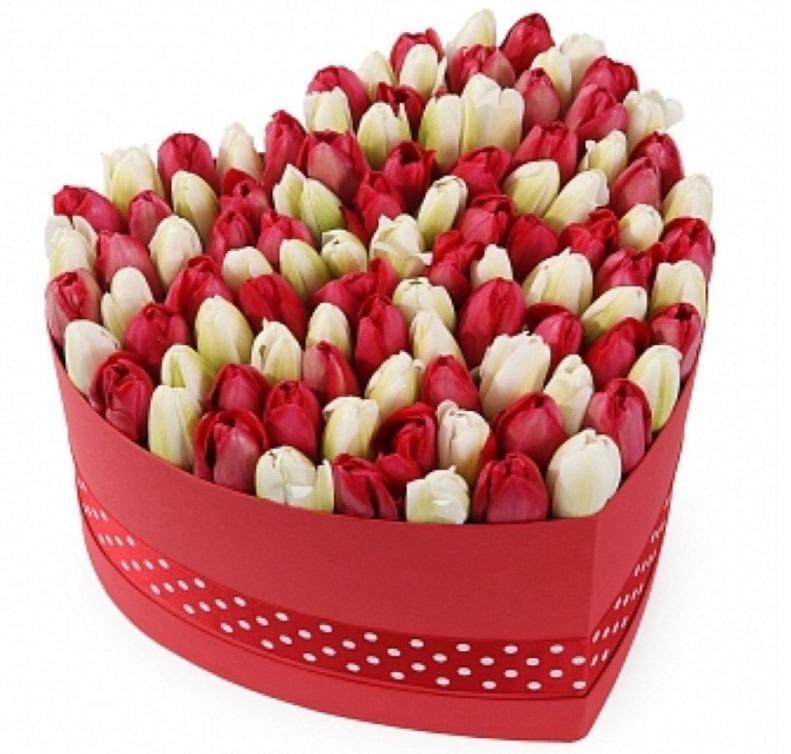 2 Colors of Tulips in Heart Box