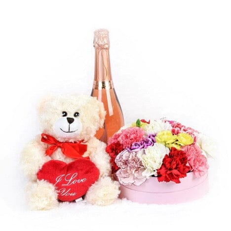 Carnation Box with Teddy and Wine