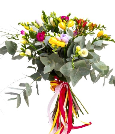 Colourful Freesia with Eucalyptus Bouquet
