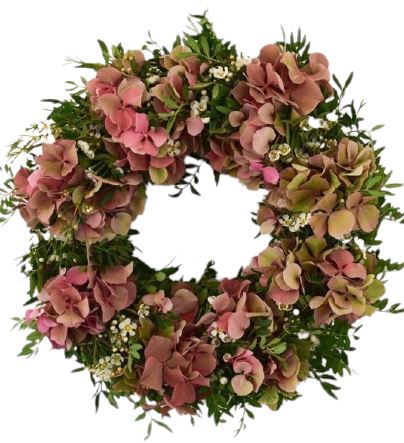 Hydrangea and Wax Flowers Christmas Wreath