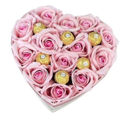 Light Pink Roses with Chocolates in Heart Box
