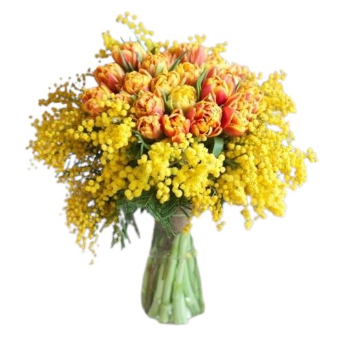 Orange Tulips and Mimosa Bouquet