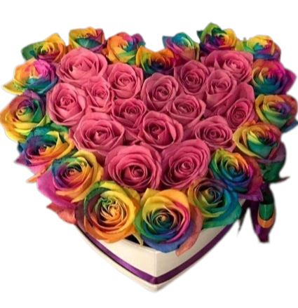 Pink Heart in Rainbow Roses Box