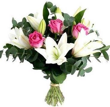 Pink Roses and White Lily Bouquet