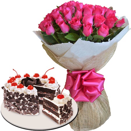Pink Roses Bouquet with Cake