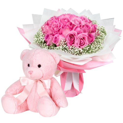 Pink Roses with Gypsophila and Teddy