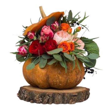 Pumpkin Flower Arrangement on Wood