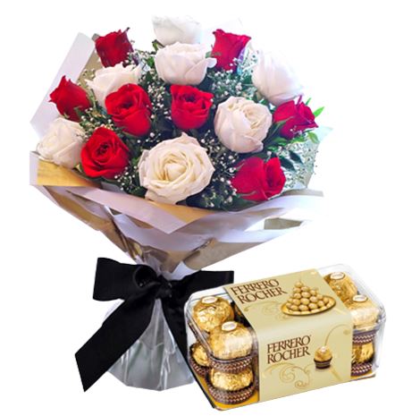 Red and White Roses with Ferrero Rocher