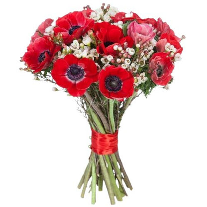 Red Anemone and Vax Flowers Bouquet