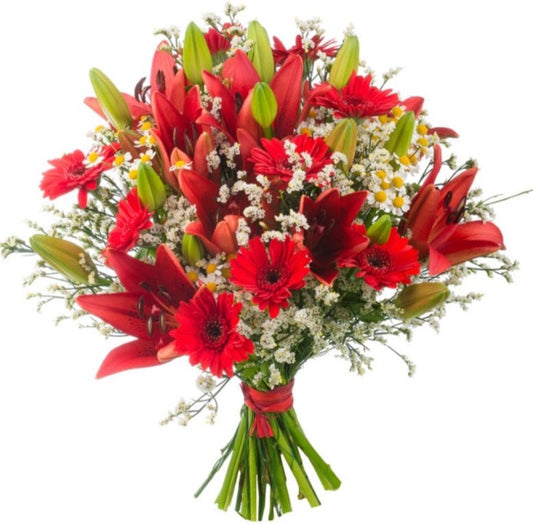 Red Gerbera and Red Lily Bouquet