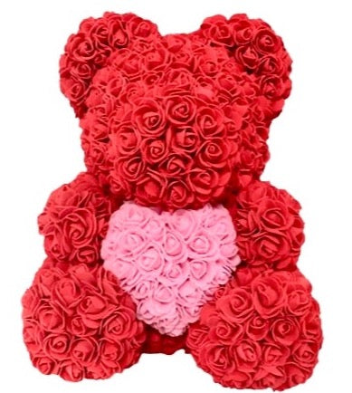 Red Rose Flower Teddy Bear with Pink Heart