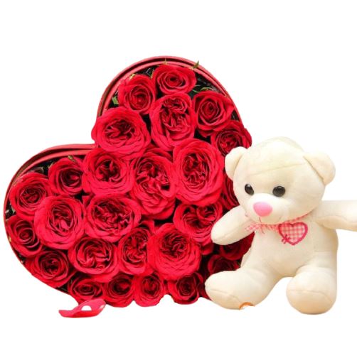 Red Roses Box with Teddy