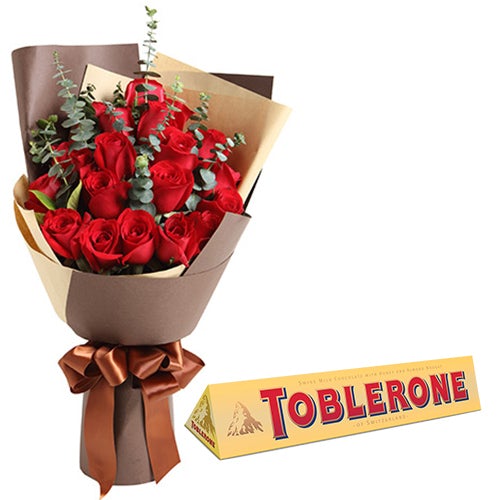 Red Roses with Eucalyptus and Toblerone