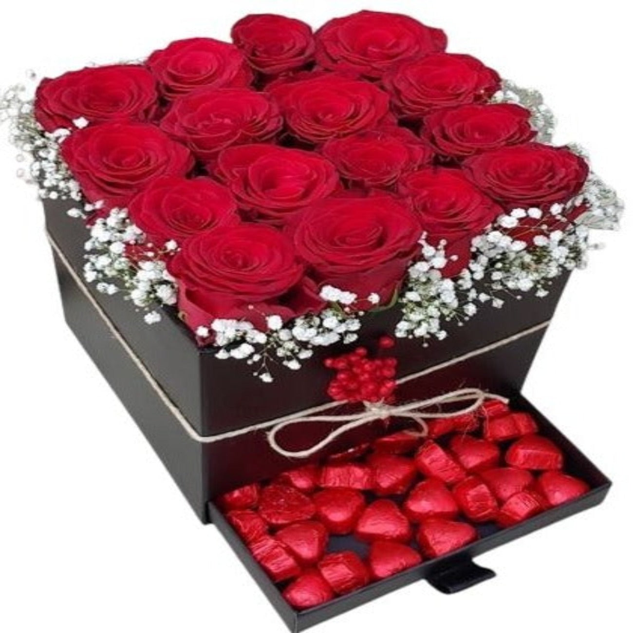Red Roses with Gypsophila and Chocolate Secret Box