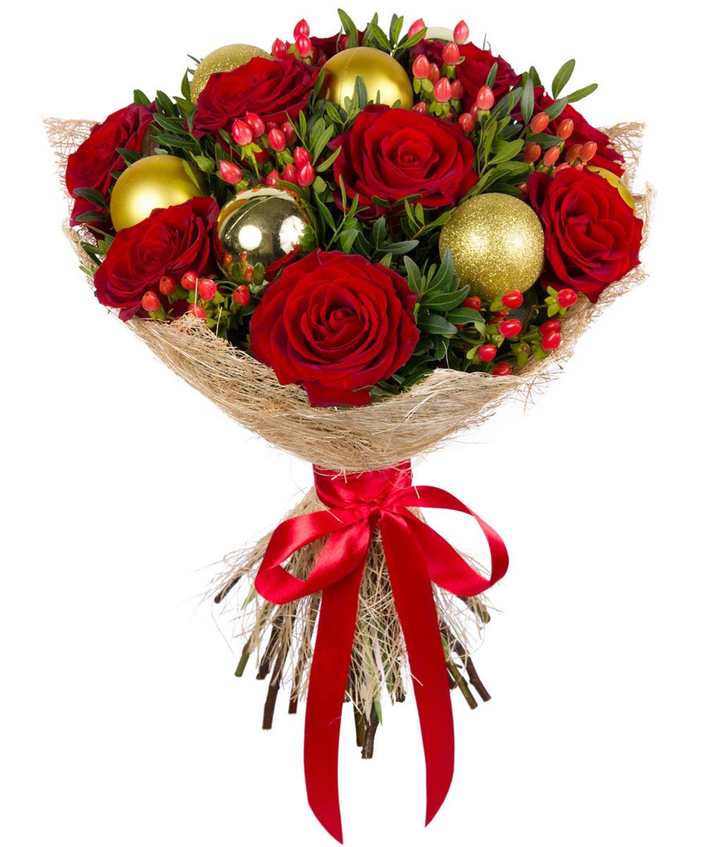 Red Roses with Hypericum Christmas Bouquet