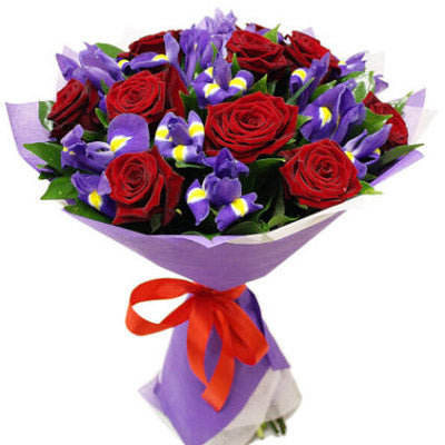 Red Roses with Purple Iris Bouquet