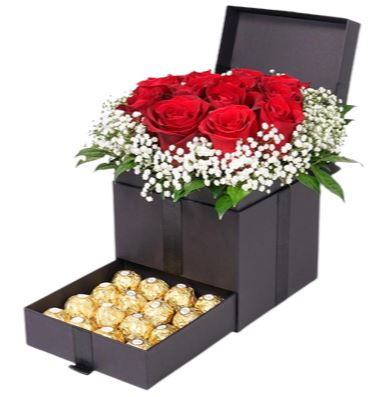 Roses with Gypsophila and Chocolate Secret Box