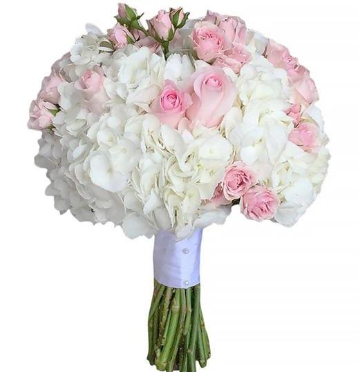 White Hydrangea with Pink Roses Wedding Bouquet