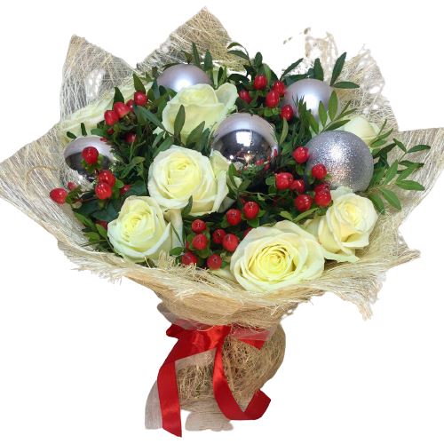 White Roses and Red Berry Christmas Bouquet