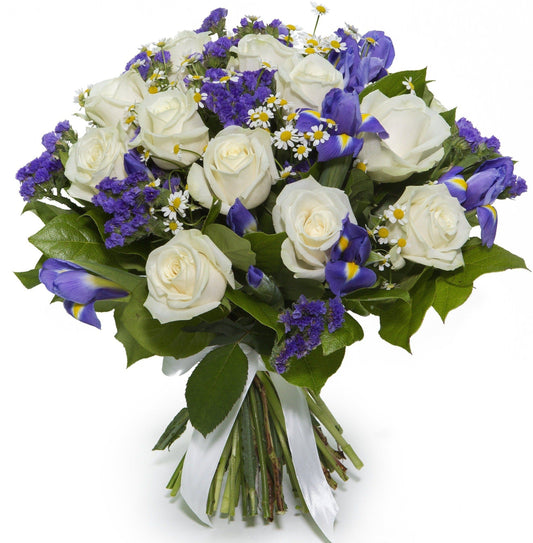 White Roses with Iris Bouquet