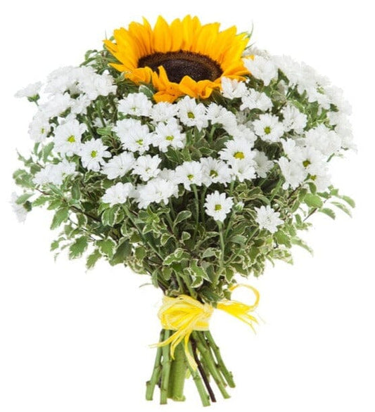White Santini Chrysanthemum and Sunflowers Bouquet