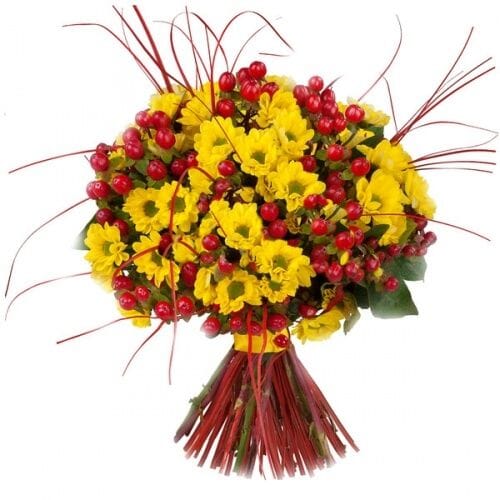Yellow Chrysanthemum and Red Hypericum Bouquet